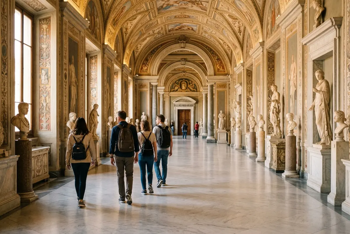Pasillo casi vacio de los museos vaticanos en la primera franja de la manana, ejemplo de los mejores horarios museos vaticanos para evitar colas