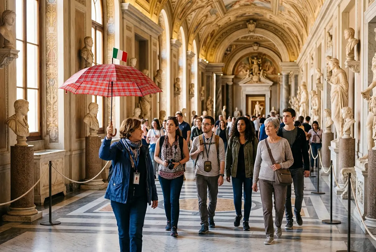 Diverse small group of travelers following a guide with a raised umbrella marker through a sunlit vatican museums gallery, statues lining the corridor behind them