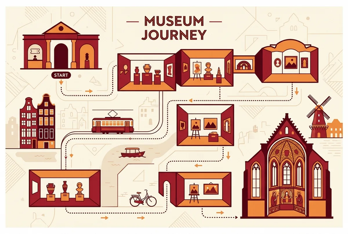 Einfache Infografik zeigt den Museumsrundgang für vatikanische museen und sixtinische kapelle tickets vom Eingang bis zum letzten Raum, mit generischen Saalbeschriftungen