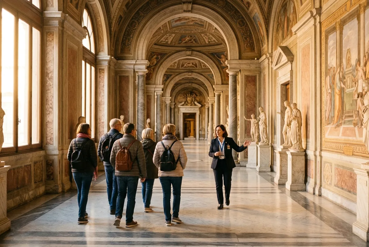 Small early morning vatican tour group walking through an empty sunlit gallery in the Vatican Museums just after doors open, soft golden early light, no crowds visible