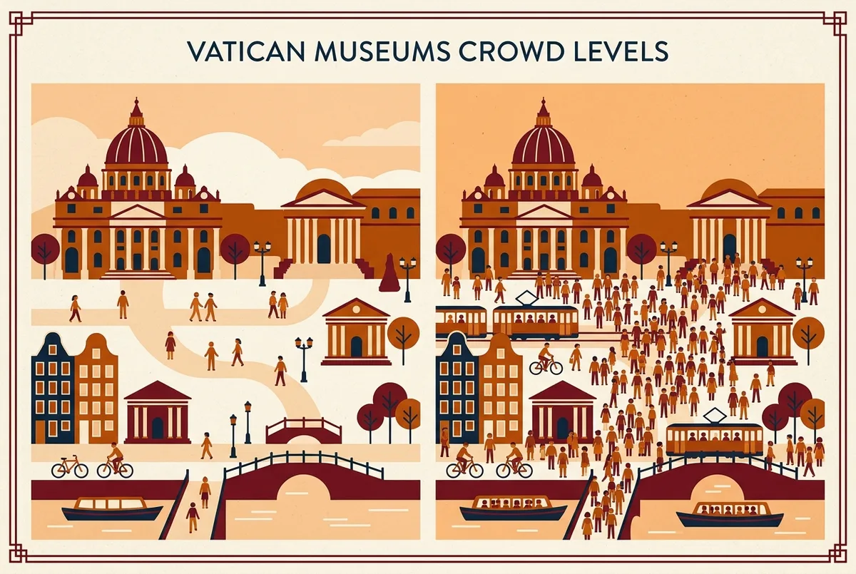 Simple before and after infographic titled Vatican Museums Crowd Levels showing two generic icons labeled Early Morning and Midday, no numbers or statistics shown