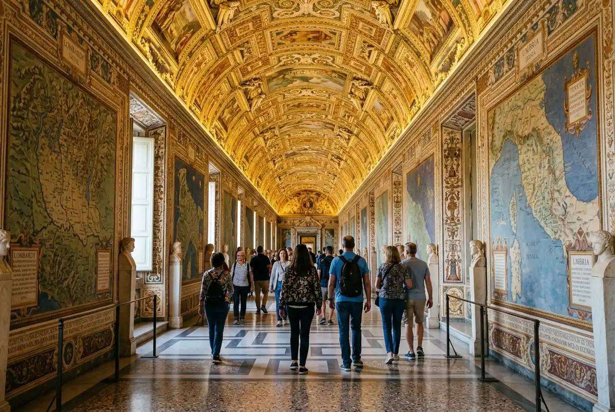 Visiteur marchant lentement sous le plafond doré et voûté de la galerie des cartes vatican, cartes anciennes le long des murs de chaque côté