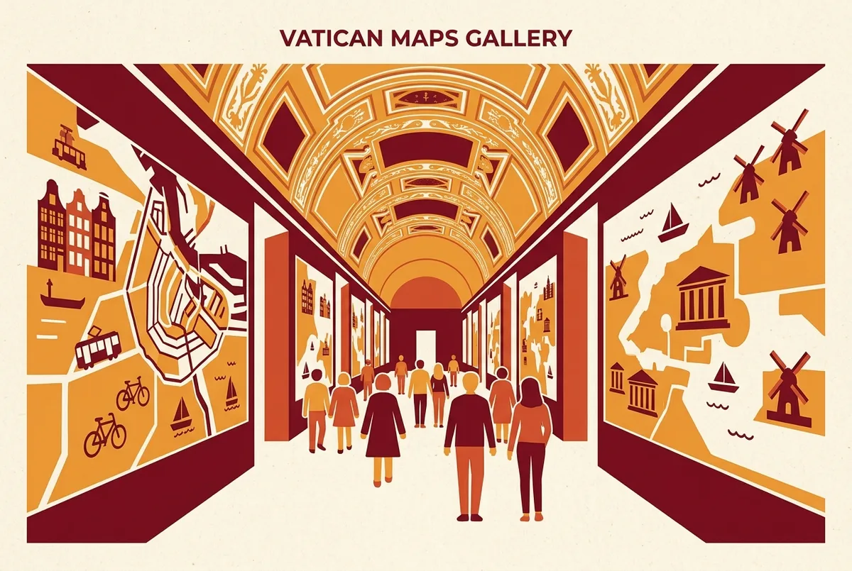 Vue schématique en plongée du corridor de la galerie des cartes vatican indiquant le point d'entrée et de sortie dans le parcours général du musée, icônes génériques sans texte de prix
