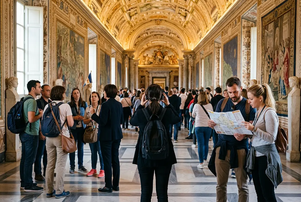 Split scene of three travel styles at the Vatican Museums: a small group listening to a live vatican guided tour guide, a solo visitor with audio guide headphones, and a couple reading a self guided map