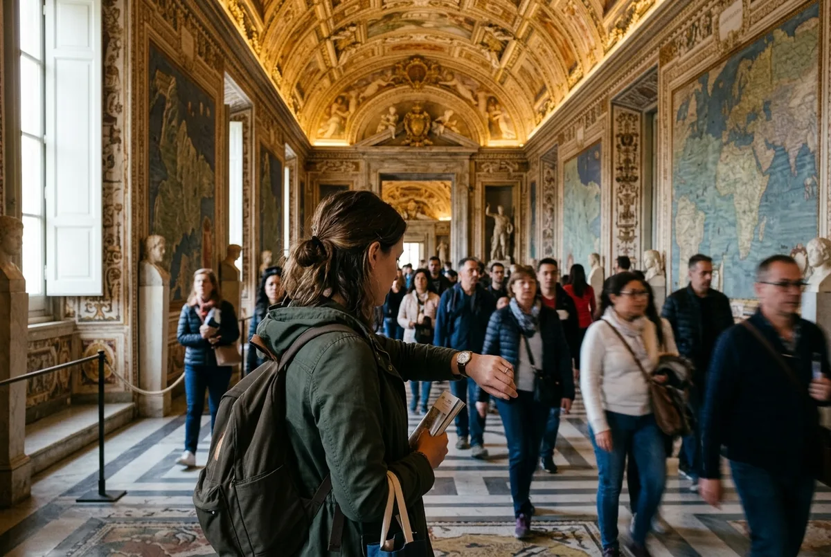Besucher mit Uhr und Reiseplan vor den Vatikanischen Museen, die die Vatikan Führung Dauer für einen Tagesbesuch planen