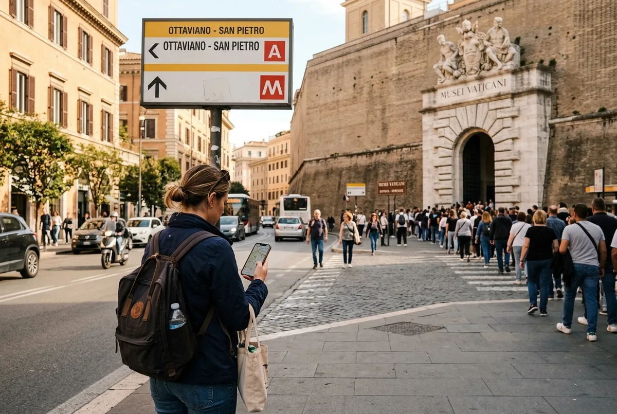 Reisende steigen aus der Metro-Station Ottaviano aus und folgen Schildern zur anreise vatikanische museen entlang der Via Vaticano, sonniger römischer Vormittag