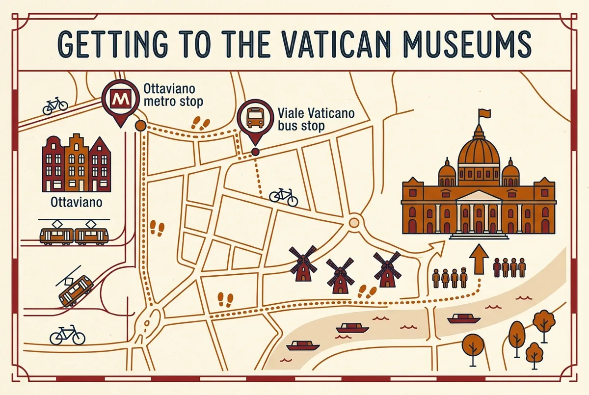 Einfache stilisierte Karte zeigt die Route von der Metro-Station Ottaviano bis zum Eingang der anreise vatikanische museen in Viale Vaticano, mit einem separaten Symbol für den Petersplatz auf der gegenüberliegenden Seite, generische Beschriftungen ohne konkrete Adressen