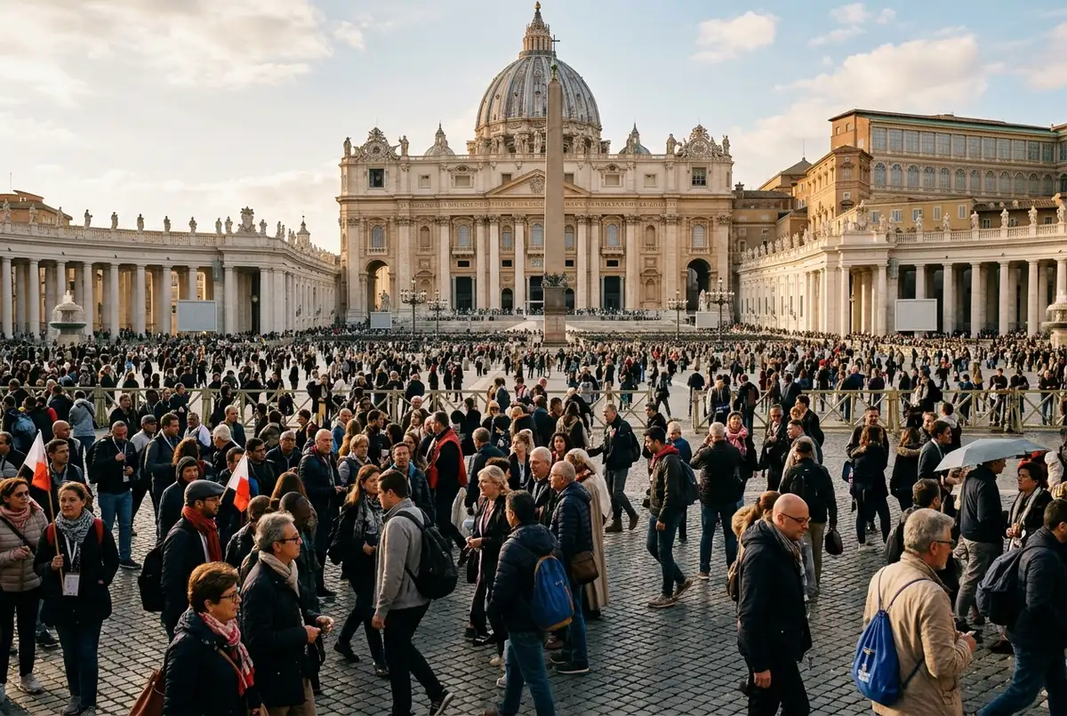 Crowd of pilgrims and travelers gathered in St Peter's Square holding free entry tickets for a papal mass vatican event, basilica facade in soft morning light
