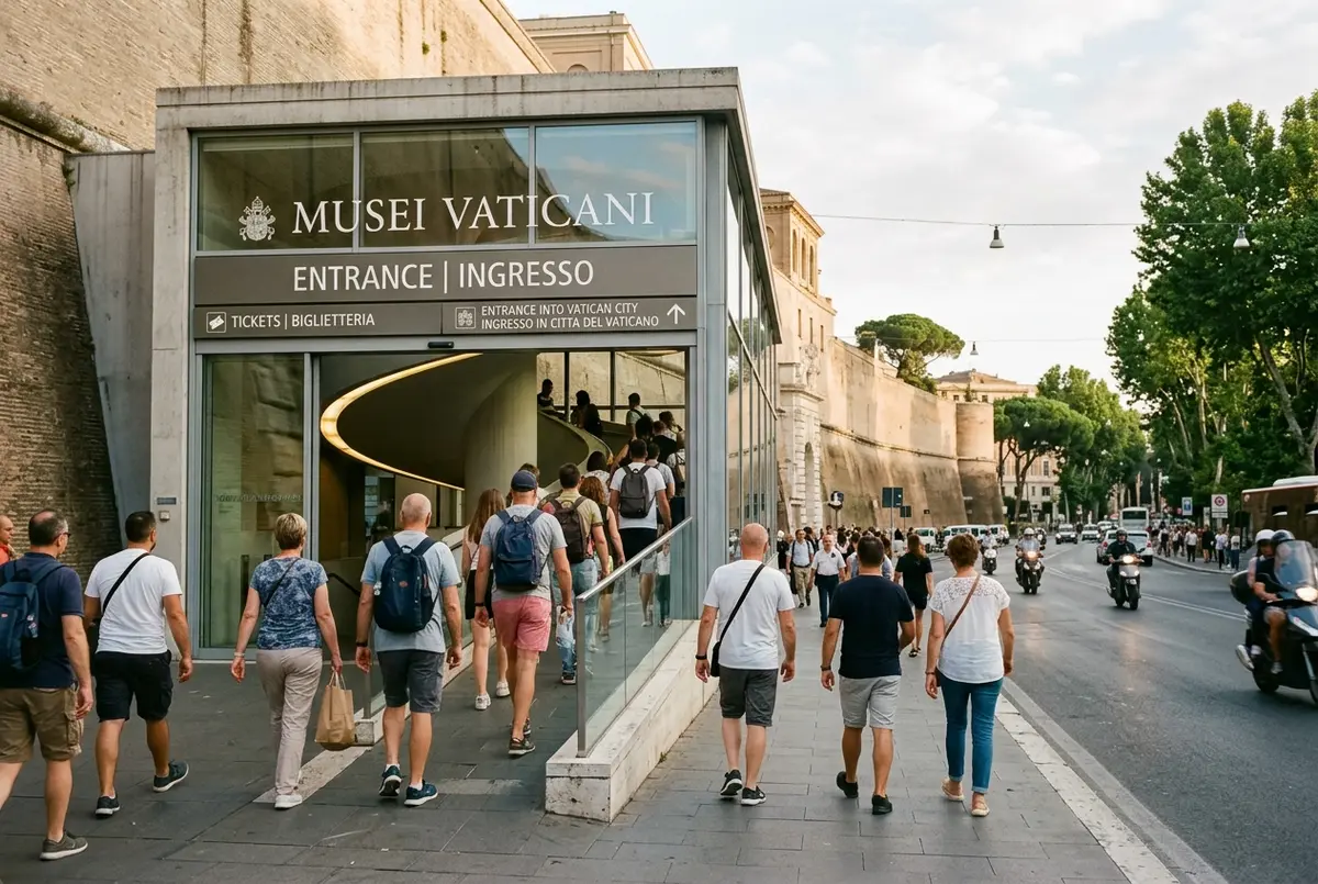 Travelers walking up to the modern Vatican Museums entrance on Viale Vaticano with the spiral ramp visible, entrance into Vatican City signage in soft morning light