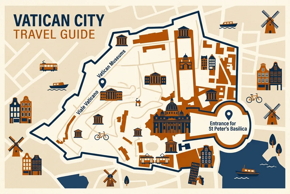 Simple map infographic labeled Vatican City showing the Vatican Museums entrance on Viale Vaticano and the separate St Peter's Basilica entrance at St Peter's Square, generic location pins only, no prices