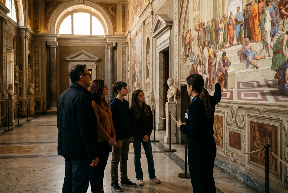 Kleine private Reisegruppe von drei Personen hört aufmerksam einem Guide vor der Sixtinischen Kapelle zu, keine weiteren Besucher im Bild, warmes Nachmittagslicht