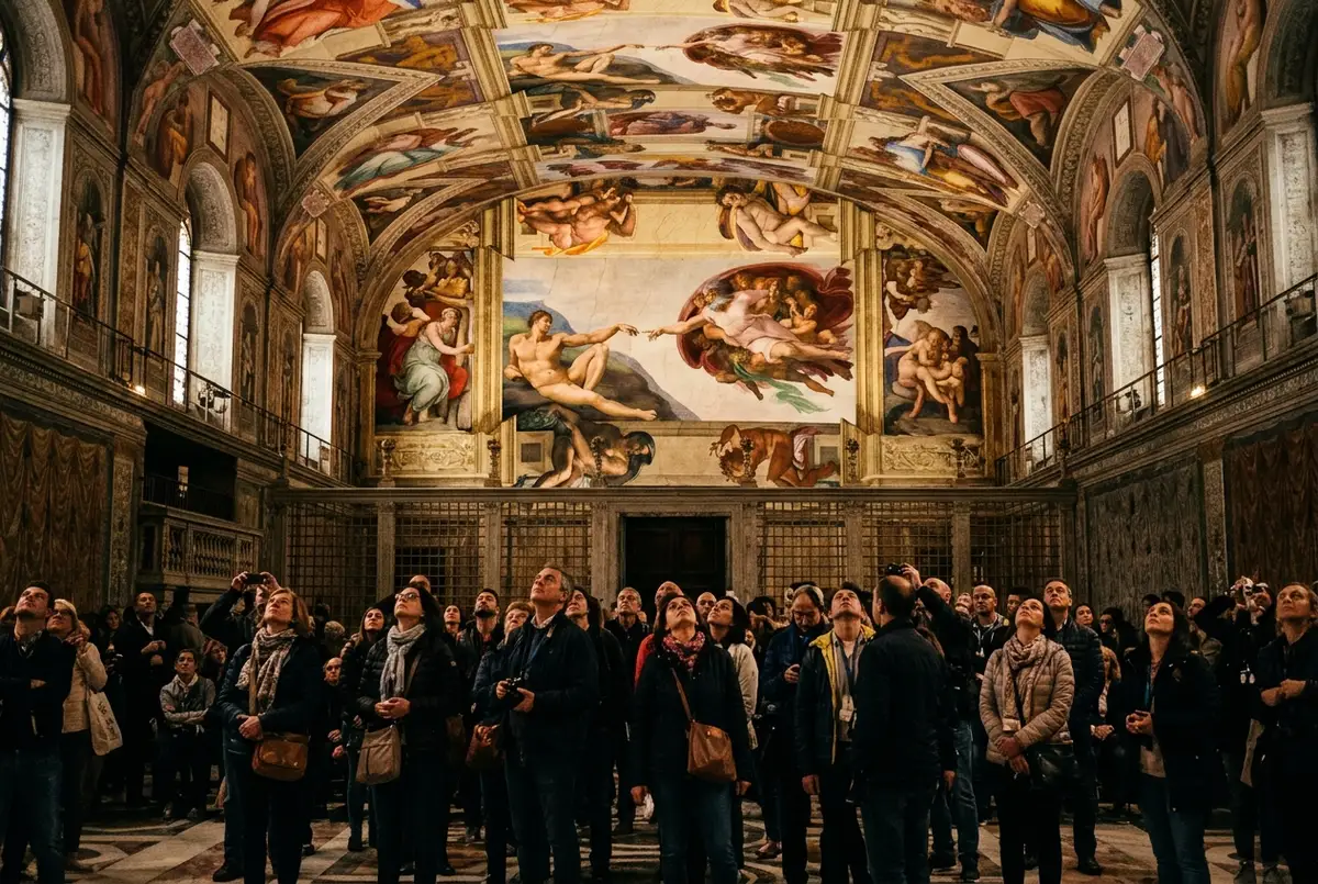 Close-up view of the sistine chapel ceiling michelangelo painted, visitors below craning their necks upward at the Creation of Adam panel under warm chapel lighting