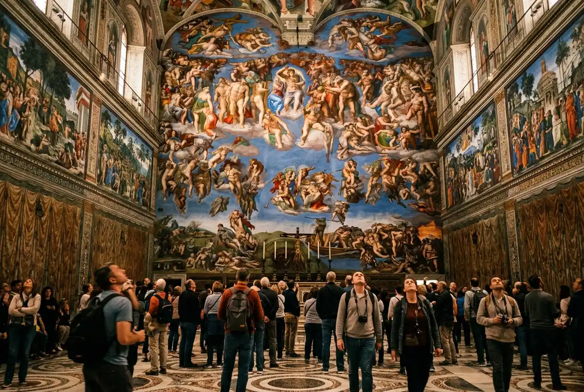 Wide view of tourists gazing up at the sistine chapel last judgment fresco covering the entire altar wall, dramatic swirling figures lit by soft interior light