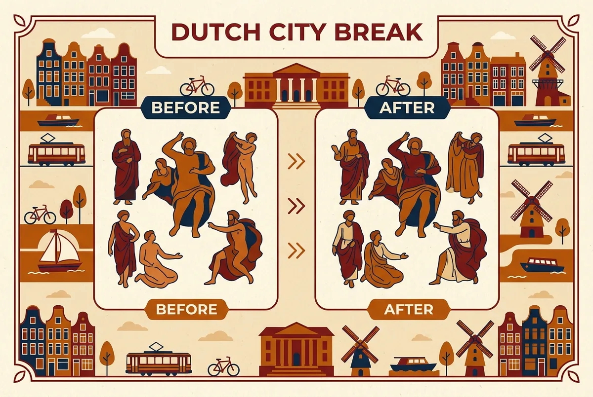 Simple before and after infographic comparing the sistine chapel last judgment fresco figures with and without added drapery, generic labels only, no text statistics