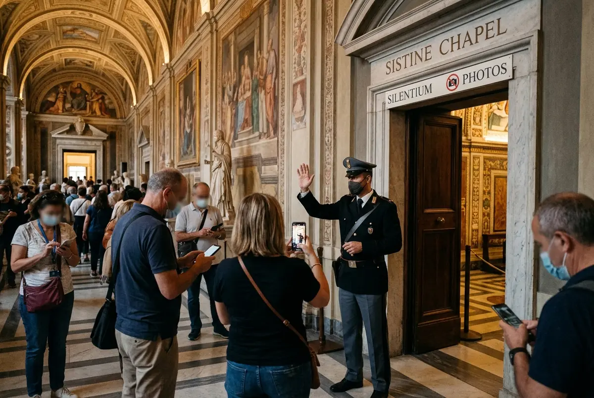 Vatican museum guard gesturing for quiet near the sistine chapel entrance while visitors lower their phones, warm interior lighting, respectful hush in the room