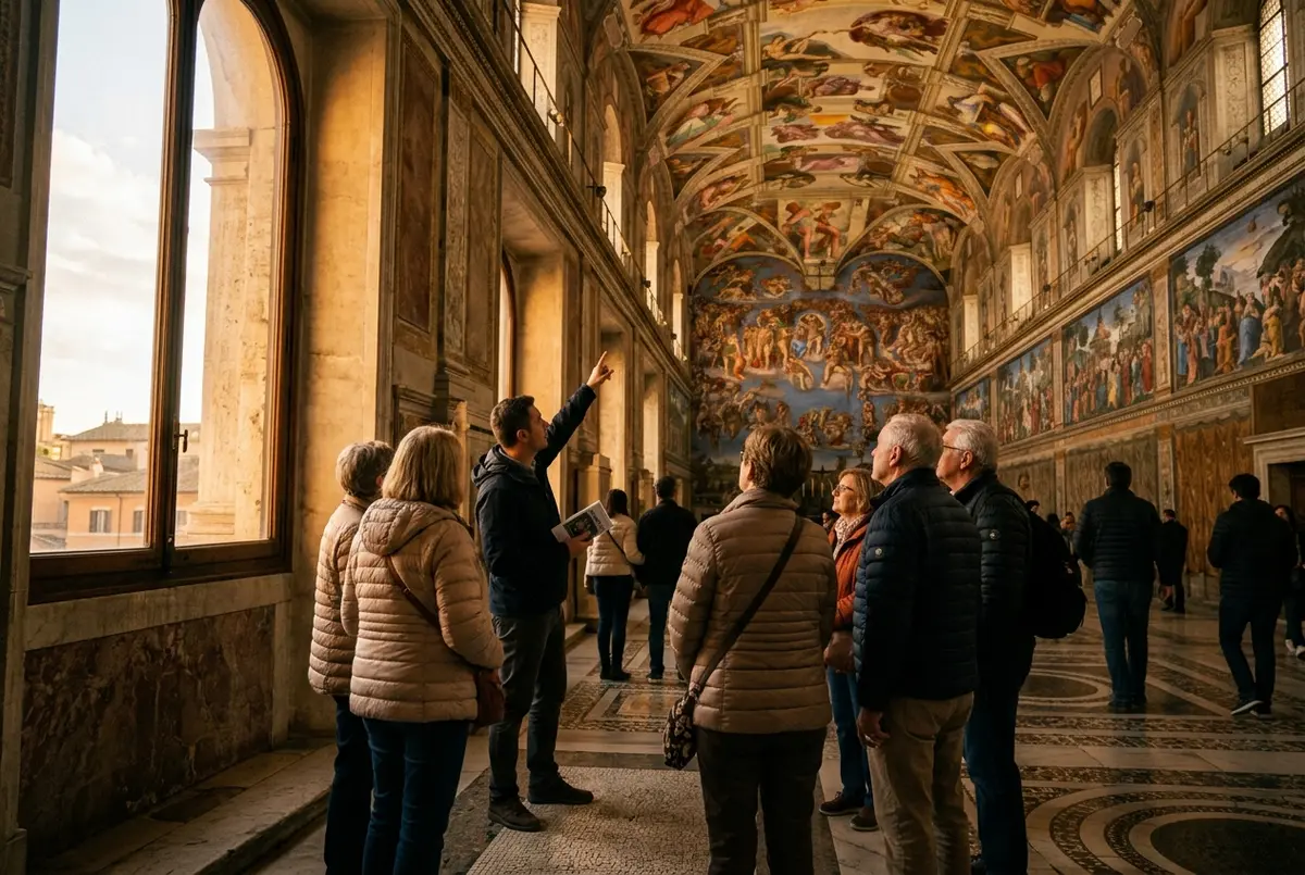 Small group on a sistine chapel guided tour listening to a guide point toward the ceiling, warm golden hour light through a nearby museum window