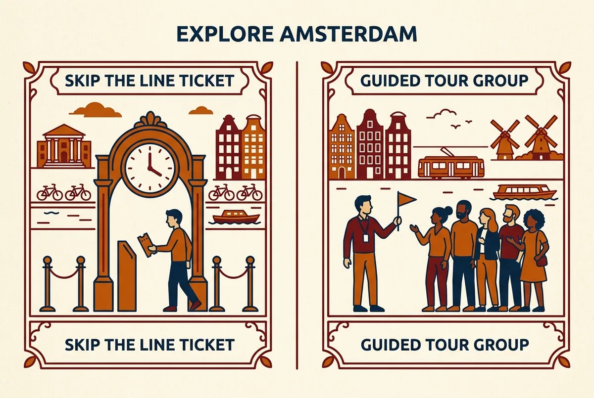 Simple side by side comparison infographic of a skip the line ticket icon versus a guided tour group icon, generic labels only, no prices or statistics