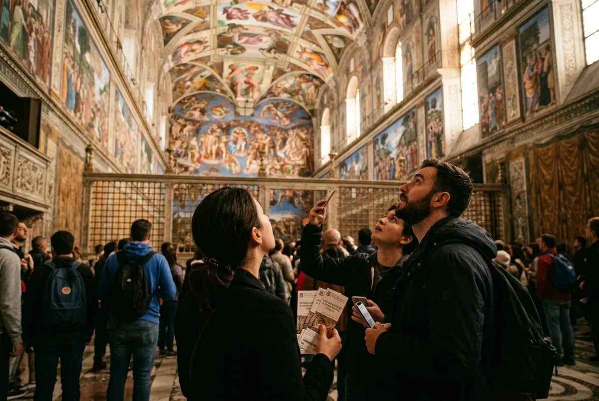 Visitors looking up in awe at the sistine chapel ceiling holding vatican sistine chapel tickets, soft golden light filtering through the chapel's high windows