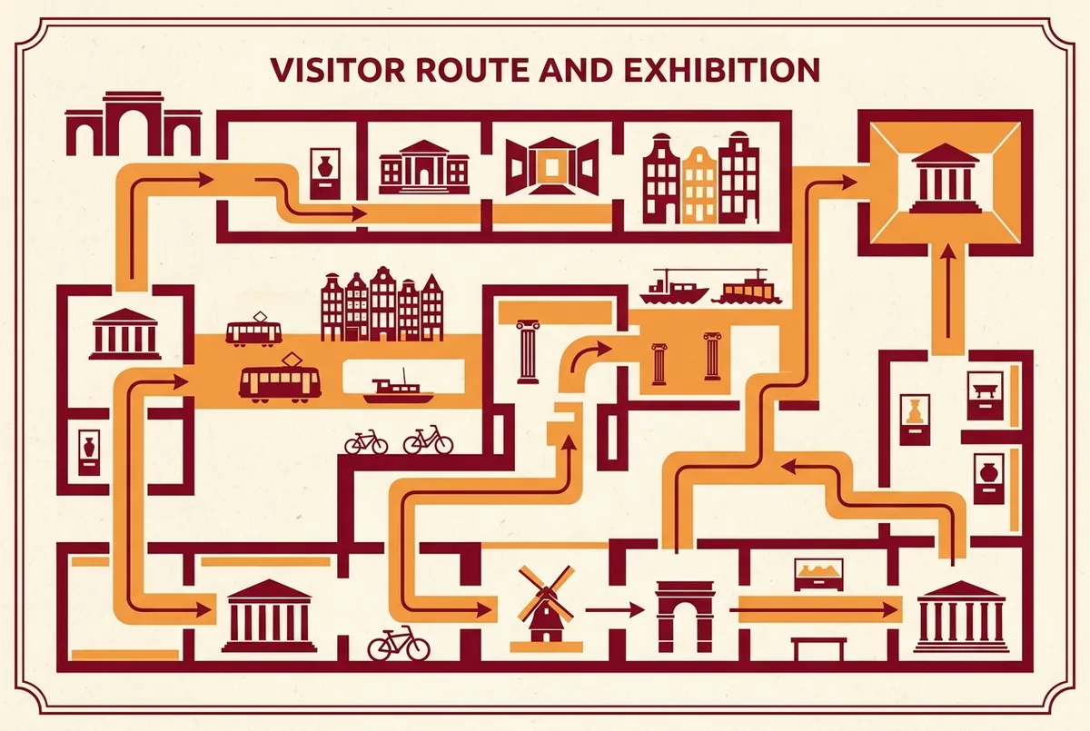 Simple floorplan infographic showing the Vatican Museums visitor route leading to the sistine chapel entrance at the end, with generic gallery labels along the path