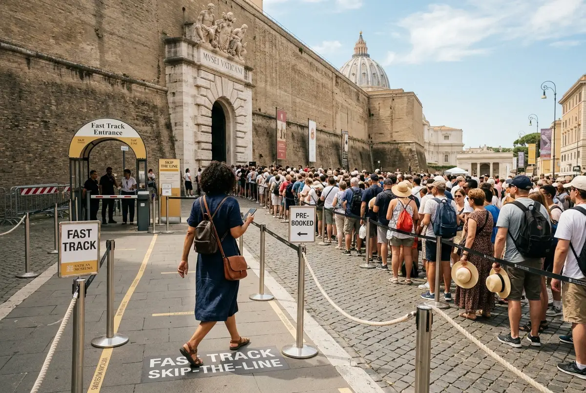 Reisender geht selbstbewusst an einer langen Standard-Warteschlange vorbei durch einen schnellen Skip-the-line-Eingang der Vatikanischen Museen, helles Mittagslicht