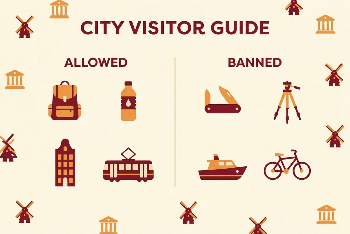 Einfache Checklisten-Infografik zeigt erlaubte Gegenstände wie kleiner Rucksack und Wasserflasche auf einer Seite und verbotene Gegenstände wie Taschenmesser und Stativ auf der anderen Seite, generische Symbole für die petersdom sicherheitskontrolle