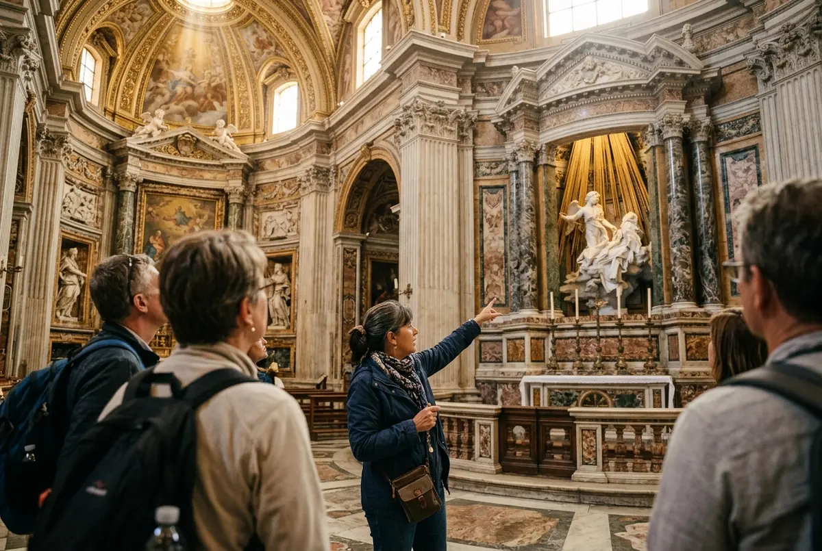 Guide zeigt einer kleinen Reisegruppe auf Berninis bronzenen Baldachin im Petersdom, weiches Licht fällt durch die Kuppelöffnung, passend zu petersdom skip the line