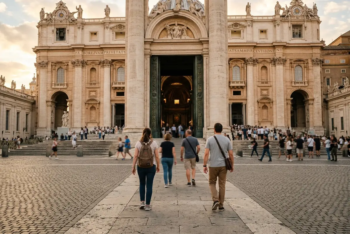 Travelers walking toward the open doors of st peter's basilica across St Peter's Square at soft morning light, no queue visible yet