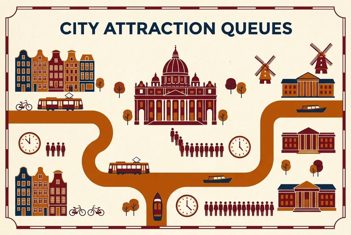 Simple queue length comparison infographic showing morning versus midday versus afternoon wait times outside St Peter's Basilica, generic clock icons only, no specific numbers