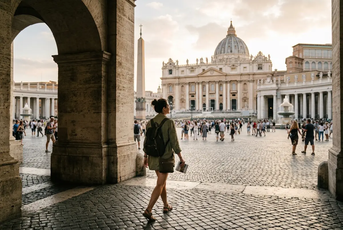 Reisender tritt bei goldenem Licht auf die Aussichtsplattform der petersdom kuppel tickets Route hinaus, weiter Blick über die Dächer Roms und den Petersplatz darunter