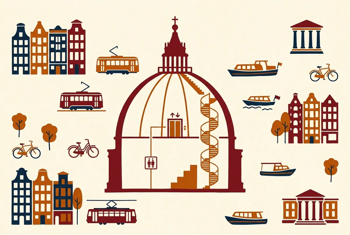 Einfaches Schnittdiagramm der petersdom kuppel tickets Route zeigt den Aufzug, der auf halber Höhe endet, und eine Wendeltreppe, die zur Aussichtsplattform weiterführt, generische Stufensymbole ohne Zahlen