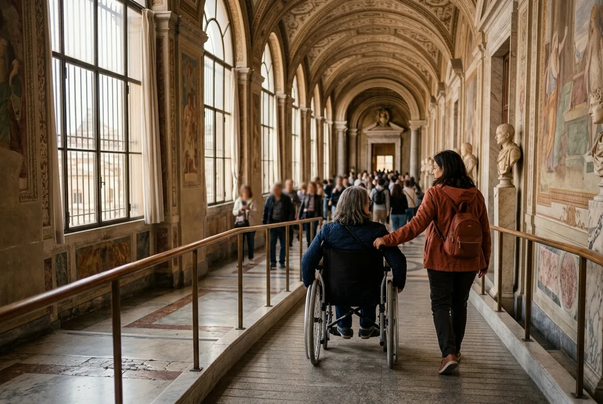 Wheelchair user and a companion rolling smoothly along a ramped corridor inside the Vatican Museums, soft daylight through tall windows, vatican tickets disabled accessibility