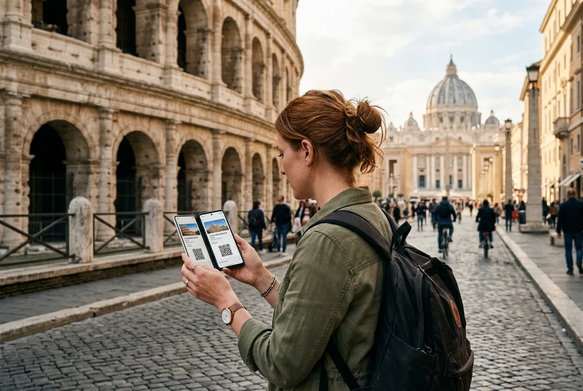 Traveler checking two separate rome tickets on a phone with the colosseum arches on one side of the street and St Peter's dome visible across the skyline, warm afternoon light