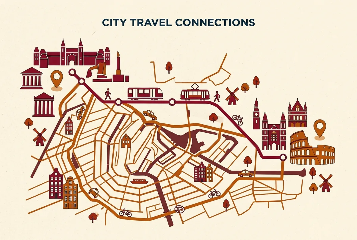 Simple route map infographic showing the metro and taxi connection between vatican and colosseum tours stops, generic pin icons for Vatican Museums and Colosseum with no prices shown