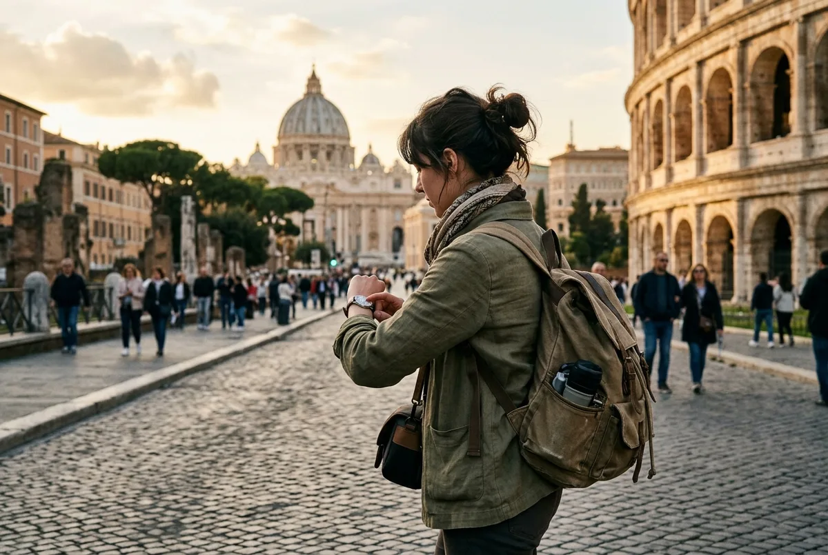 Traveler checking a watch near the vatican and colosseum same day route, St Peter's dome behind them in the morning and a faint outline of the colosseum in the distance