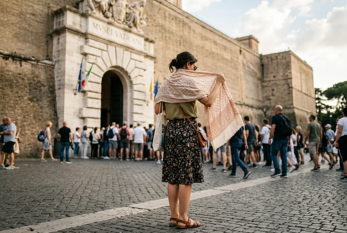 Viaggiatrice che si sistema uno scialle leggero sulle spalle davanti all'ingresso dei musei vaticani per rispettare il codice abbigliamento vaticano, luce calda di mattina