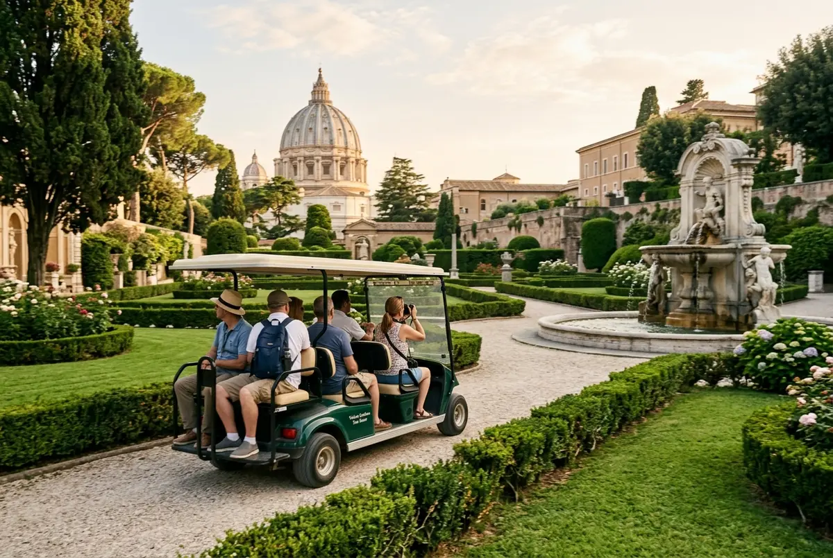 Small group of travelers on an open-top golf cart tour winding through manicured vatican gardens tickets route, fountains and clipped hedges in soft afternoon light