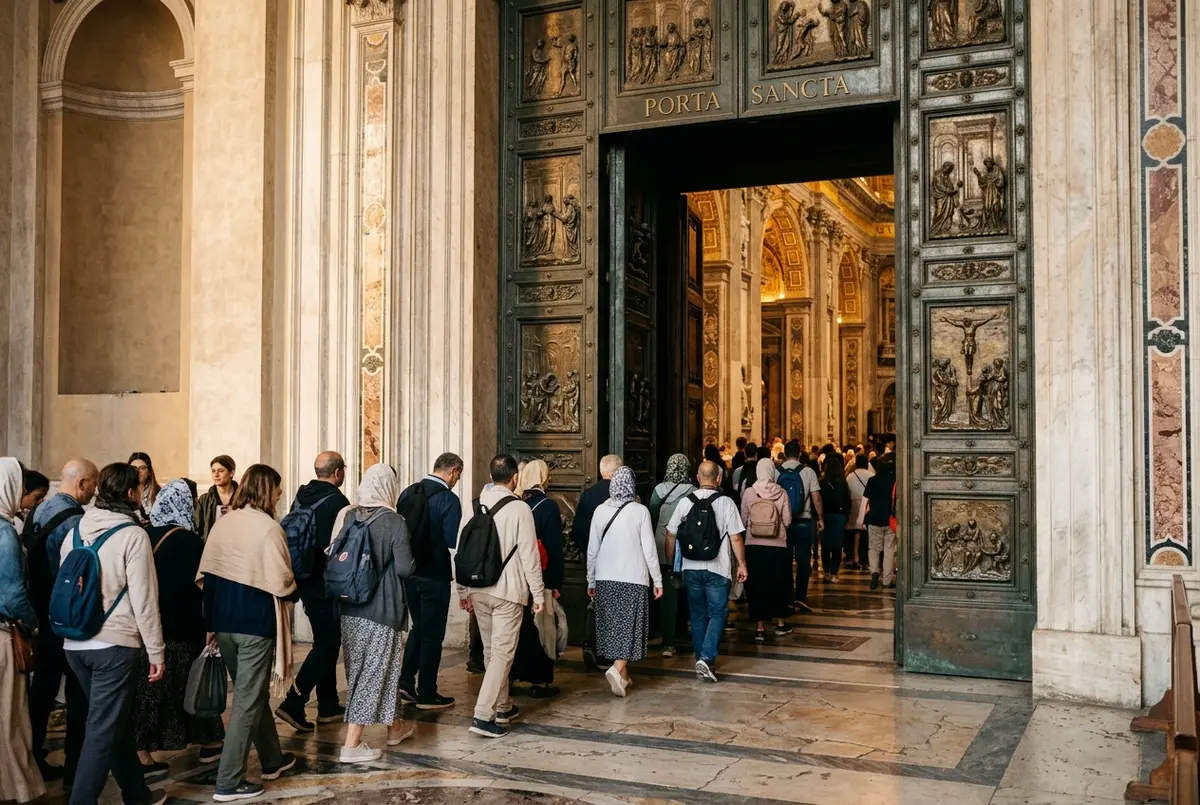 Pilger vor der versiegelten Heiligen Pforte des Petersdoms mit Informationstafel zur Jubiläums-Registrierung