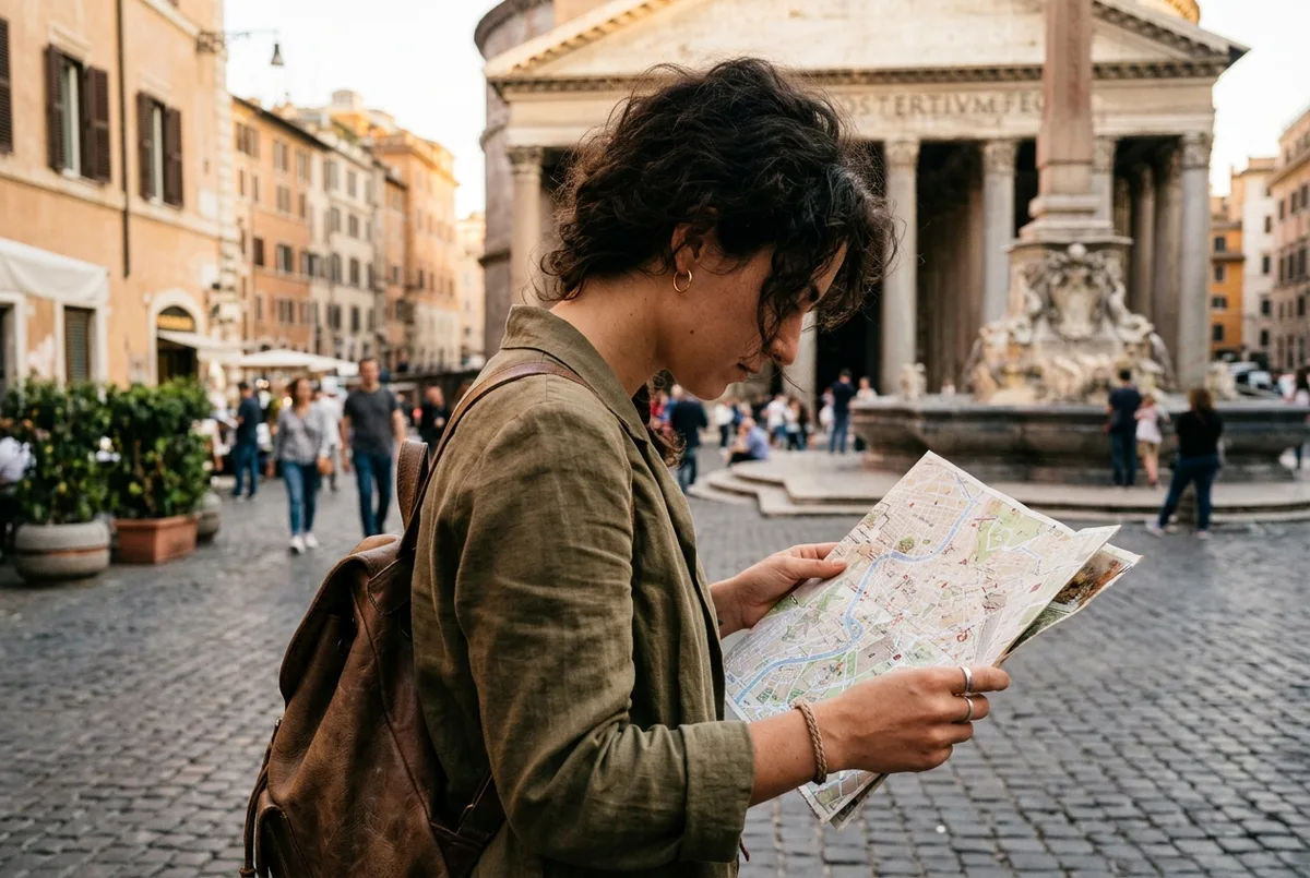 Close-up of a traveler's laptop screen showing a vatican museum official website ticket booking calendar with the Vatican Museums dome visible through a nearby window
