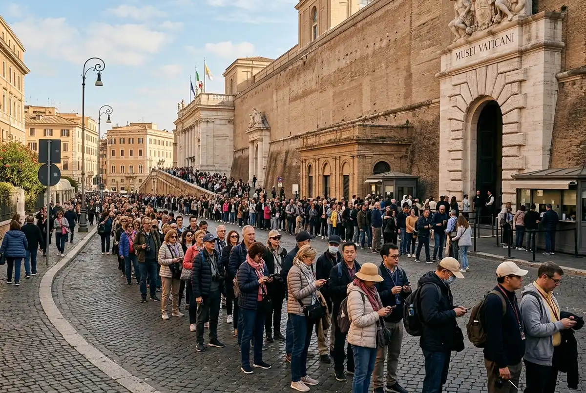 Long line of tourists queuing outside the vatican museum ticket office entrance on a busy morning, with the museum's stone facade and entrance signage visible