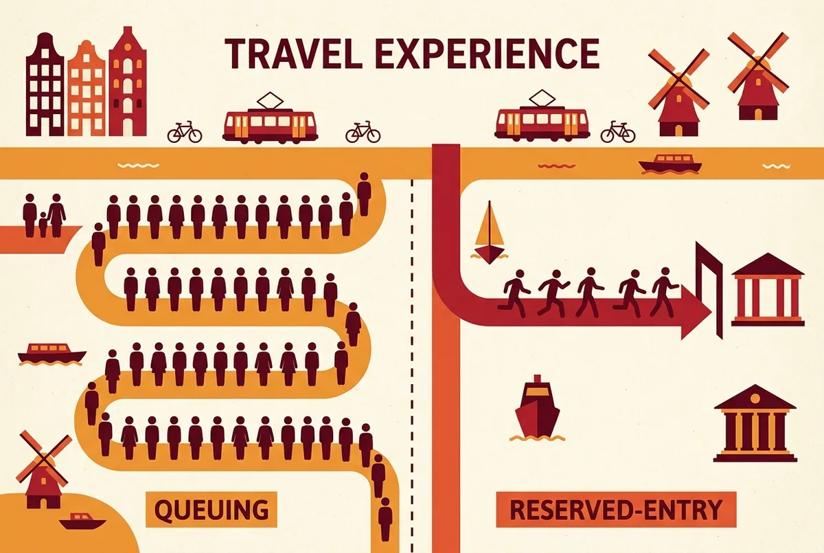 Simple two-lane infographic comparing the vatican museum ticket office walk-up queue against a fast-track reserved-entry line, with generic figure icons and no text other than lane labels