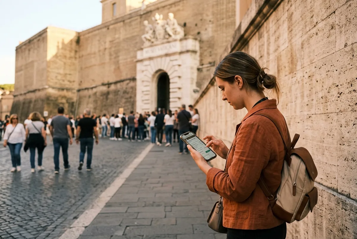 Traveler comparing vatican museum tickets price options on a phone outside the Vatican Museums entrance at golden hour, with the museum walls in soft focus behind them