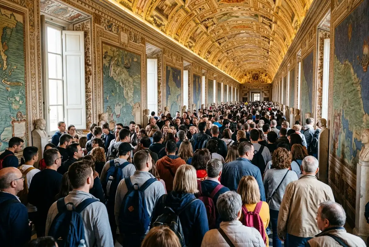 Foule dense de visiteurs avançant lentement dans une galerie des Musées du Vatican pendant le dimanche gratuit, lumière matinale entrant par de hautes fenêtres