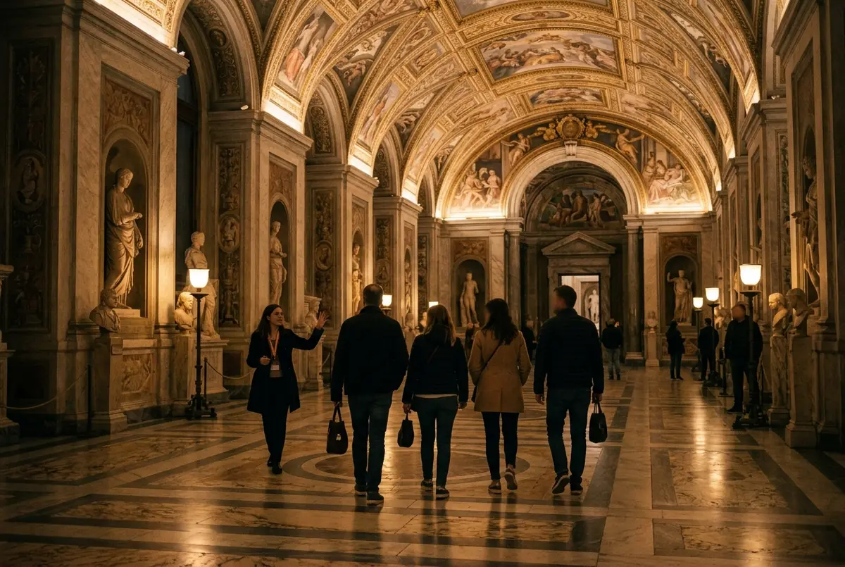 Small vatican night tour group walking through a Vatican Museums gallery lit by warm evening lighting, sparse crowd, soft shadows on the frescoed ceiling