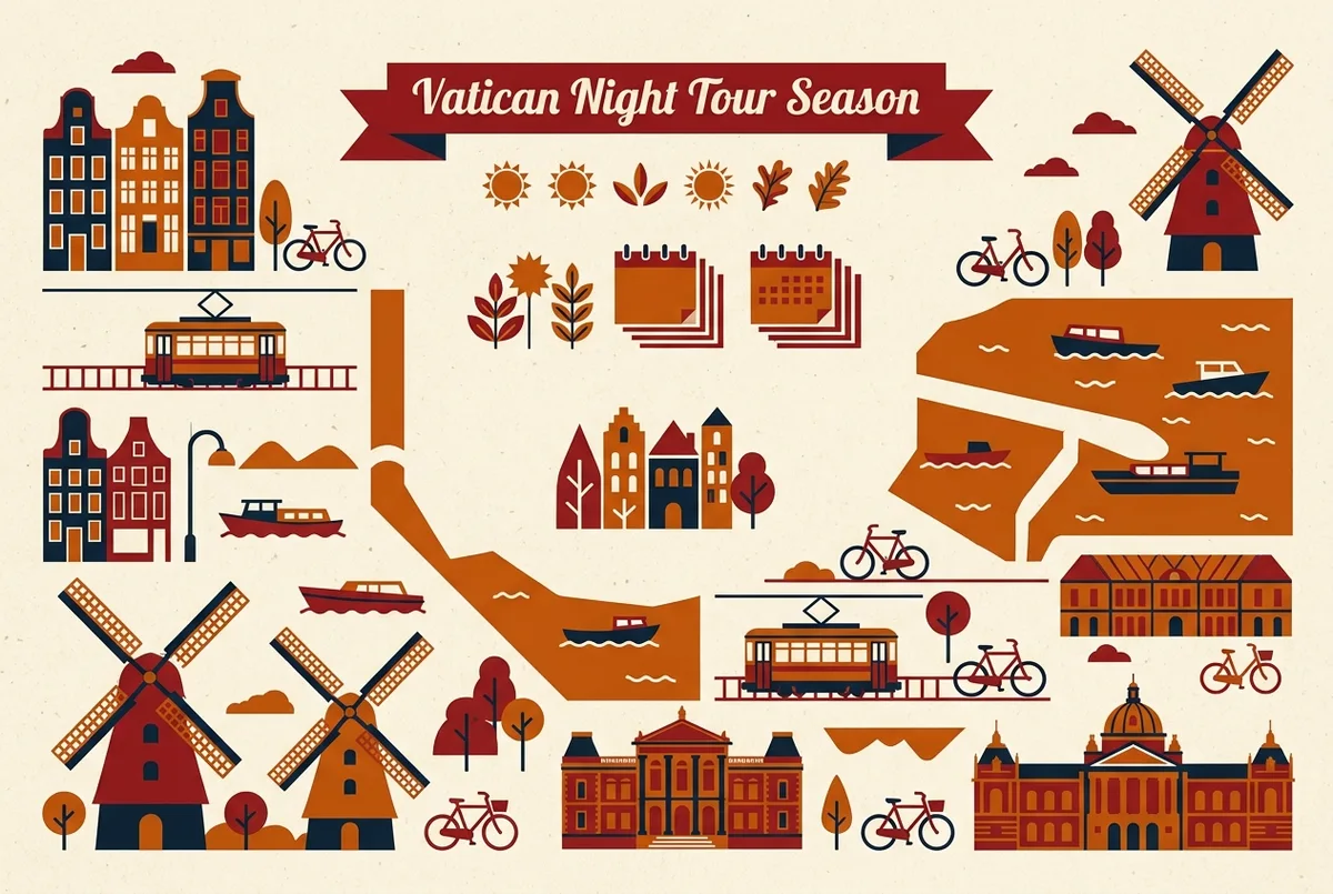 Simple seasonal calendar infographic titled Vatican Night Tour Season showing a generic summer month range icon, no specific dates or prices shown