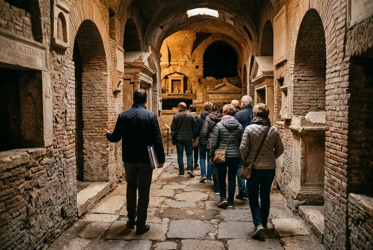 Small tour group with a guide walking through the dim ancient Roman necropolis beneath st peter's basilica, weathered stone mausoleum walls lit by soft lamps