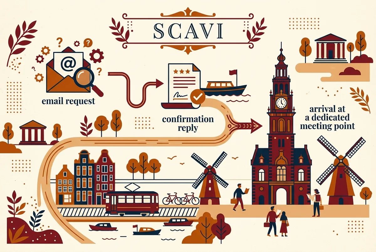 Simple flowchart infographic showing the Scavi booking process: email request, confirmation reply, arrival at a dedicated meeting point, generic icons only, no prices