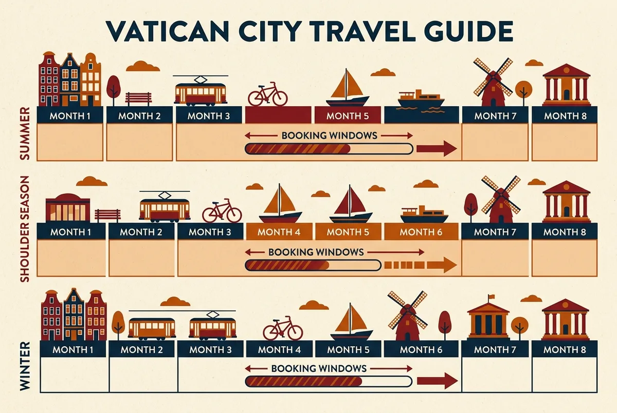 Infographie d'une ligne du temps simple comparant combien de semaines à l'avance reserver vatican en haute saison face à la basse saison, icônes génériques de calendrier
