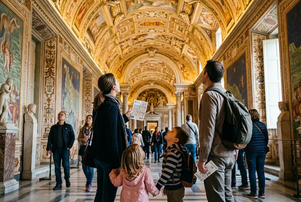 Genitori e due bambini piccoli che guardano insieme in alto i soffitti affrescati dentro i musei vaticani biglietti ridotti in mano, luce calda di un mattino romano