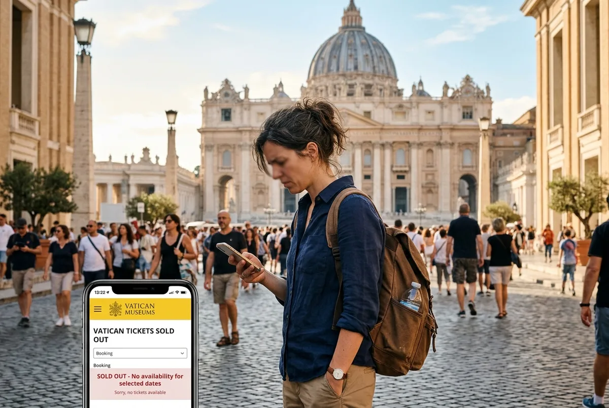 Viaggiatore frustrato che guarda lo smartphone con il messaggio musei vaticani biglietti esauriti mentre e in piedi vicino a Piazza San Pietro al tramonto, in cerca di un'alternativa