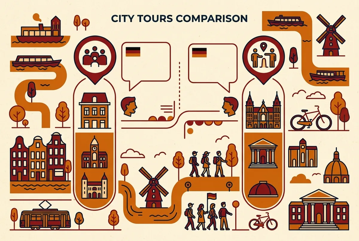 Einfache Vergleichsgrafik zeigt ein Symbol für Standardtour Auf Englisch neben einem Symbol für Vatikan Führung Deutsch mit Sprechblasen-Icons in Deutsch, generisch ohne Preisangaben